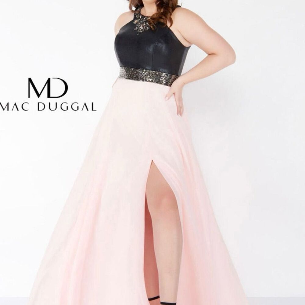 Mac Duggal Black & Blush High-Slit Halter Maxi Dress